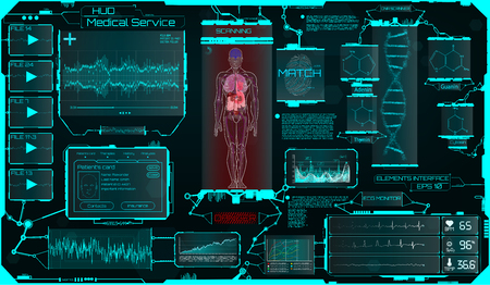 Hud Ui Elements Medical Science, a Virtual Graphic Touch Interface With Illustrations of Human Scanning and the Update of His Illnesses. HUD, Sci, Medical Interface, Data, Infographic and DNA Formulaのイラスト素材