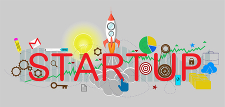 Vector illustration of business startup. An inscription with business elements and the creation of a new project. Vector illustration of a startup in a flat styleのイラスト素材