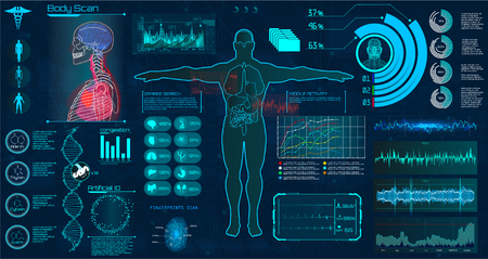 Modern medical examination HUD style. Human body scan ( Anatomy, Ecg monitor, Dna formula, X-ray, Medical Infographic, Data monitors, Statistic and Diagrams ) Medical infographic Hud style (vector)のイラスト素材