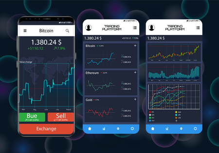 Trade exchange app on phone screens. Professional trader tools for successful trading. Mobile banking cryptocurrency ui. Interface app template for trading platform. Vector screens setのイラスト素材