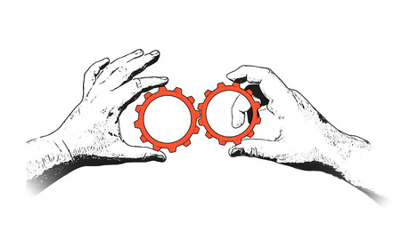 Teamwork business concept. Effective cooperation. Hand drawn style vector design illustrations. Achieving results joint efforts. Gear hold in hands mans. Isolated on background. Partnership people.のイラスト素材