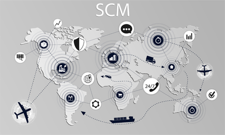 SCM concept illustration. Modern logistics, supply chain management. Delivery stages on the world map. Supply Chain Management concept banner. Vector illustrationのイラスト素材