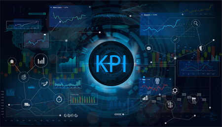 Key Performance Indicator (KPI) and business analytics (BA), metrics to measure achievement versus planned target on an automated marketing dashboard, person touching screen icon, success. Vectorのイラスト素材