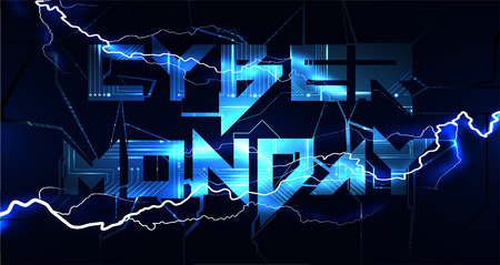 Cyber Monday Sale Banner on tech blue circuit board background with lightning of electricity. Vector Cyber Monday Sale Illustrationのイラスト素材