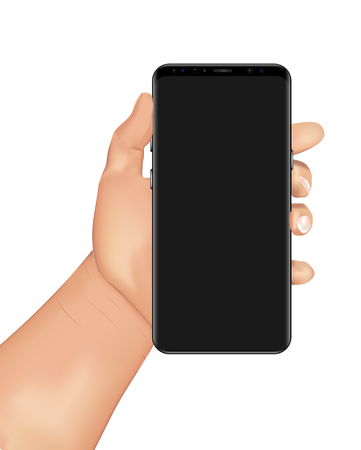 Human hand holds smartphone. Vector template. Mobile blank screen. Realistic illustration. Isolated on white background. Eps10のイラスト素材