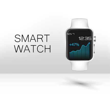 Stainless silver smart watch isolated on white. Vector detailed smart watch reflected on white surface. Watch icon on smart iwatch screen. Realistic styleのイラスト素材