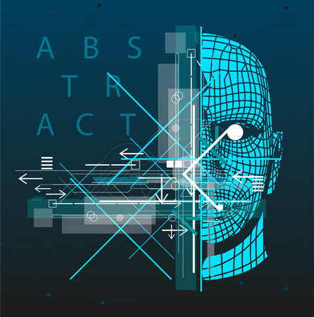 Bright poster with dynamic arrows and lines. The poster with man head. Abstract geometric background. Vector illustration.のイラスト素材