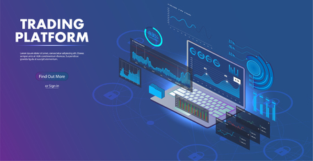 Data Analysis for website. Online Statistics and Analysis digital money market. Landing page template. 3D Isometric illustration. Data Statistics concept. Vector 3D isometricのイラスト素材