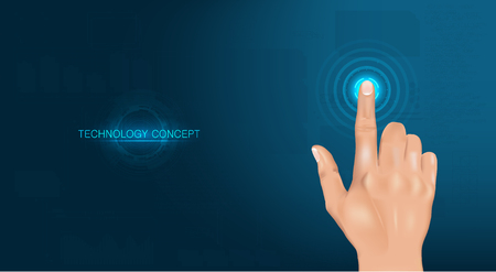 Touch the future, realistic hand. The beautiful hand presses the index finger on the touchscreen. Template background realistic vector illustrationのイラスト素材