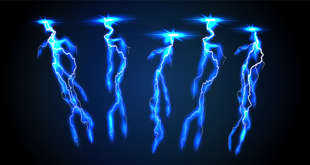 Electricity lightning thunderbolt vector realistic isolated thunder light on transparent backgroundのイラスト素材