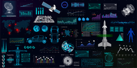 Hightech elements set, HUD UI style. Futuristic user interface big collection( 3d elements, spaceship, radar, forex, medical, navigation, maps, gui, space) Big HUD collectionのイラスト素材