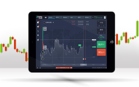 Tablet PC Business chart, uptrend line graph, bar chart stock numbers bull market arrow up and down phone. Dashboard binary option, Ui interface. Financial markets background tabletのイラスト素材