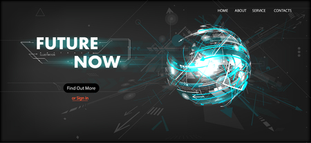 3D Futuristic Technology Website Template. Landing Page, Big Data, Virtual Reality, Artificial Intelligence, Hologram Screen, Science Fiction, Security System. Mock up website. Vector illustrationのイラスト素材