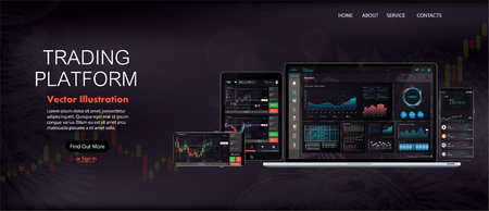 Web Site Screen template. Forex market, news and analysis. Binary option. Application screen for trading. Candles and indicators. HUD UI for business app. Futuristic virtual user interface. Data chartのイラスト素材