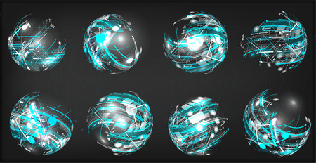 Design elements set in dark colors icons. Vector collection abstract elements. 3D Balls of abstract elements, arrows, circles, lines with glowのイラスト素材
