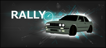 Rally poster, detailed sports car, trendy design. Fast sports car for speed rally drift with race elements. Template Vector illustration rallyのイラスト素材