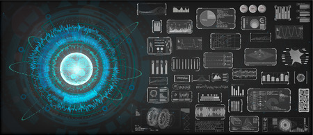 High-tech Design elements set. HUD circular technology concept. Futuristic dashboard elements. Futuristic User Interface, big set. ( graph, waves, arrow, bar regulator, circle, percent) HUD Vector setのイラスト素材