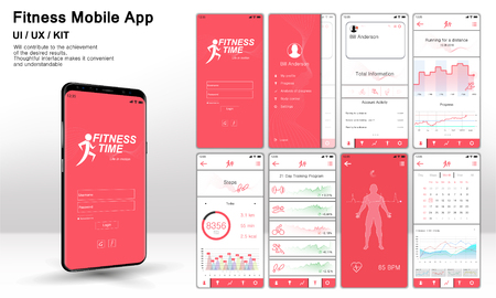 Different UI, UX, GUI screens fitnes app and flat web icons for mobile apps, Fitness application design. Mock up Mobile app. Vector template. Fitness interface design for mobile applicationのイラスト素材