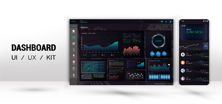 Infographic dashboard template with flat design graphs and pie charts. Information Graphics elements for UI UX design. Web elements and mobile mock upのイラスト素材