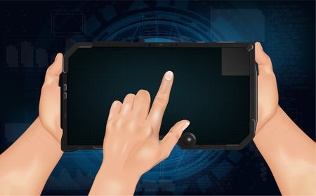 Hi tech tablet, template. Futuristic digital tablet with hands, template. Vector illustrationのイラスト素材