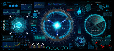 Innovation system, HUD UI elements collection. Futuristic User Interface ( data, charts, gadgets, app elements, dashboard, earth map, hologram, radars) HUD elements set. Vector collectionのイラスト素材
