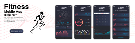 Different UI, UX, GUI screens fitnes app and flat web icons for mobile apps, Fitness application design. Mock up Mobile app. Vector template. Fitness interface design for mobile applicationのイラスト素材
