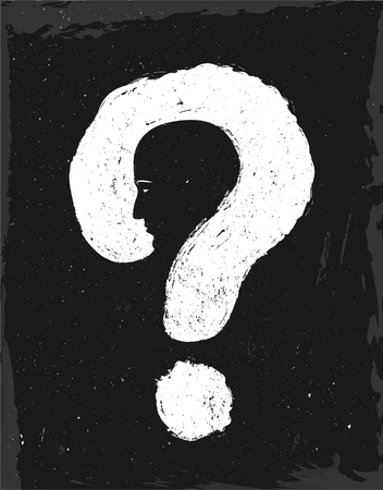 Double exposure. man is the question. The face of the man in the question mark. Solution concept. Vector illustration grunge styleのイラスト素材