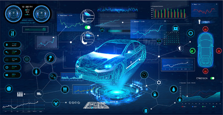 Car service in the style of HUD. Virtual graphical interface Ui HUD Autoscanning, analysis and diagnostics, Abstract vector science. Car auto service infographics. repair Futuristic user interfaceのイラスト素材