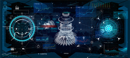 HUD interface. Virtual reality technology. Futuristic User Interface ( data, charts, gadgets, app elements, dashboard, earth map, hologram, radars) HUD collection elementsのイラスト素材