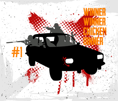Squad rides by car and shoots. Vector illustration grunge styleのイラスト素材