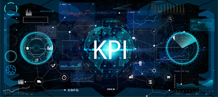 Key Performance Indicator (KPI) and business analytics (BA), metrics to measure achievement versus planned target on an automated marketing dashboard, person touching screen icon, success. Vectorのイラスト素材