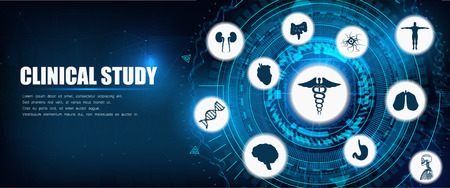 Medical Healthcare Icons. Medical Banner with People Charting Disease or Scientific Discovery Web Header Banner. Vector Illustration. Healthcare Conceptのイラスト素材