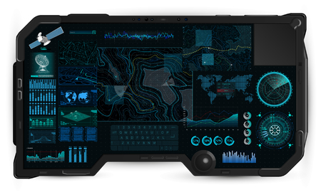 Command Center Screen in tablet HUD. Topographic Map, Contour. Futuristic Interface Elements and Earth Landscape Scanning. Concept of a Conditional Geography Scheme in HUD Style. Vector elements setのイラスト素材