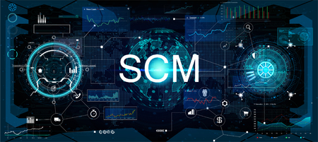 SCM - Supply Chain Management. Supply Chain Management SCM. Aspects of Modern Company Logistics Processes On a Schematic Map. Vector illustration SCMのイラスト素材