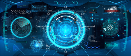Cockpit helmet, Futuristic VR Head-up Display Design. Hud interface, Vr concept. View from the cockpit spaceship. HUD elements for virtual reality. Iron man interfaceのイラスト素材