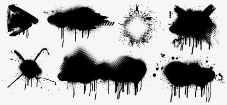 Abstract black spray on white background, Black splashes isolated on white background. Spray effect, exploding, black drops. Graffiti stencil template. Grunge effect, Isolated vector collection.のイラスト素材