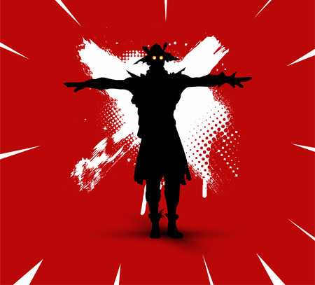 Battle royale concept. Scarecrow(skin) silhouette on bright background with brush strokes and dirty marks (grunge style) vector illustration.のイラスト素材