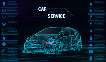 Car auto service infographics design. 3D polygonal car. Vector illustration, futuristic style. Auto poster conceptのイラスト素材
