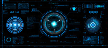 Futuristic concept HUD, GUI style. Screen (Dashboard, Futuristic Circle, Space Elements, Infographics) Vector Elements Set for HUD Sci Fi Interfaces. Hi tech future design. Sky fi for VR and App.のイラスト素材