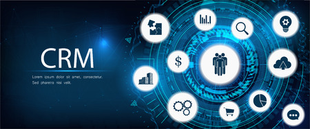 CRM - Customer relationship management. Futuristic style, design illustration with line and icons. Business internet technology. CRM concept, customer service and relationship. Illustration backgroundのイラスト素材