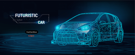 Abstract image of a sport car in the form of a starry sky or space, consisting of points, lines, and shapes in the form of planets, stars and the universe. Cars vector wireframe concept.のイラスト素材