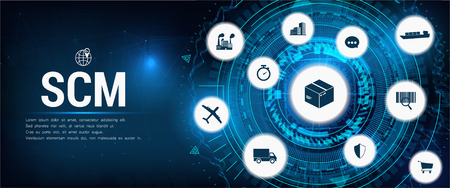 SCM - Supply Chain Management, Aspects of Modern Company Logistics Processes, business challenges design  company symbol with various business facetsのイラスト素材
