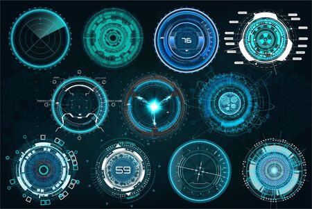 Set circle elements in a futuristic (HUD) style.Interface Device: Radars, crosshair, aim, turbojets, hours, mechanisms. Vector set elements HUD, UI, FI, SCI, GUIのイラスト素材