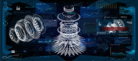 HUD UI for app. Futuristic user interface FUI and Infographic elements. Abstract virtual graphic touch user interface. UI hud infographic interface screen monitor radar set web elements. Mechanismsのイラスト素材