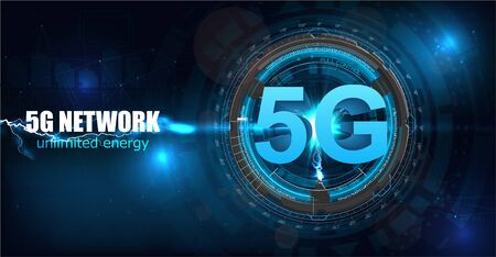 5G new wireless internet wifi connection. Fifth innovative generation of the global high speed Internet broadband network. Big data binary code flow numbers vector concept. Glowing abstract backgroundのイラスト素材