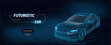 Abstract image of a sport car in the form of a starry sky or space, consisting of points, lines, and shapes in the form of planets, stars and the universe. Cars vector wireframe concept.のイラスト素材
