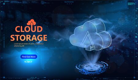 Cloud technology HUD style. Polygonal wireframe cloud storage sign with two arrows up and down on dark blue with dots, stars.Futuristic cloud computing, big data. Concept illustration or backgroundのイラスト素材