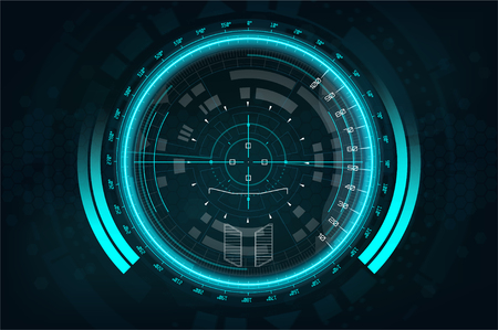 A modern aiming system. Sci-fi futuristic spaceship crosshair. Outline HUD user interface. Fullcolor interface. Techno target screen elements. Abstract Technology background. Vector gadgetのイラスト素材