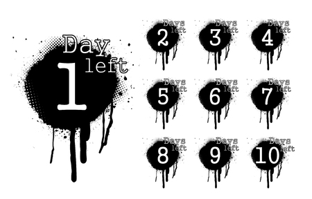Number days left, countdown in dirty spray style. Isolated collection days left badges. Going countdown sign, one day left badge and business date count label. Vectorのイラスト素材