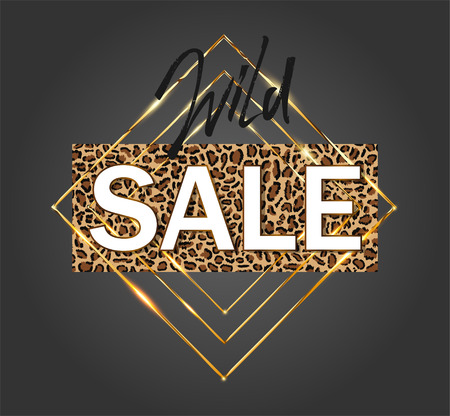 "Wild Sale" banner template design on leopard pattern background with gold frames. Special Sale Design for business (flyer, invitation, poster, web site or greeting card) Leopard sale bannerのイラスト素材